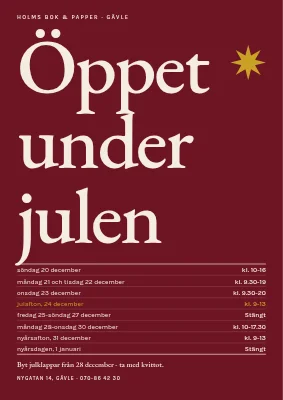 Öppettider under högtiden — stor serif på oxblodsrött