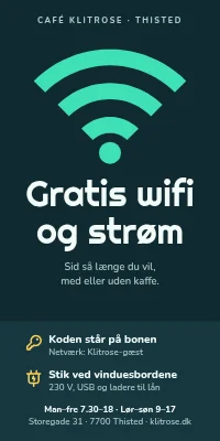 Dørplakat til café — gratis wifi og opladning