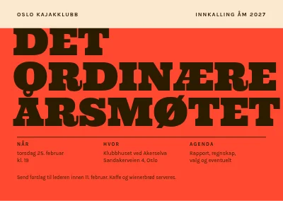 Generalforsamling — gigantisk ord på tomatrød bakgrunn