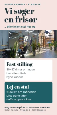 Dørplakat til frisør — vi søger en frisør, eller lej en stol