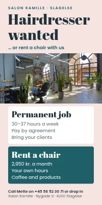 Door poster for a hair salon — hairdresser wanted, or rent a chair