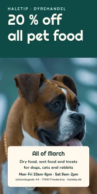 Door poster for a pet shop — 20 % off all pet food