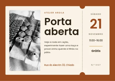 Atelier aberto — bilhete para oficina de cerâmica