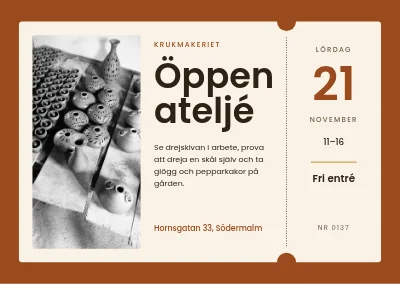Öppen ateljé — biljett till keramikverkstad