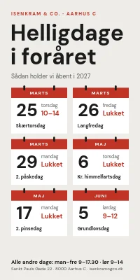 Dørplakat til butik — åbningstider på forårets helligdage