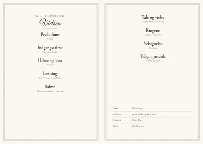 Side 4–5 af Bryllupsprogram med sange og bordplan – 24 sider