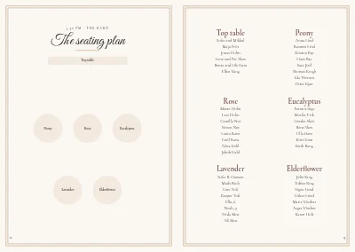 Pages 12–13 of Wedding programme with songs and seating plan – 24 pages