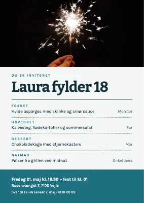 18-års fødselsdag — invitation som menukort