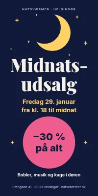 Dørplakat til tøjbutik — midnatsudsalg