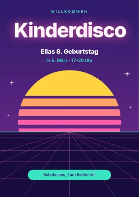 Kinderdisco — Willkommensschild mit Neon-Sonnenuntergang