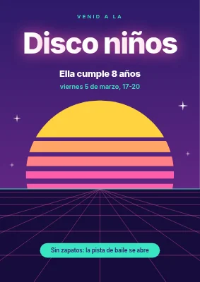 Disco infantil — cartel de bienvenida con atardecer de neón