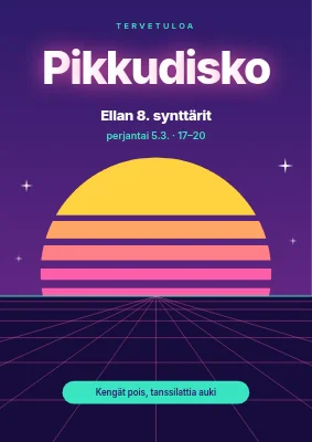 Lastendisko — neonauringonlaskun tervetuliaiskyltti