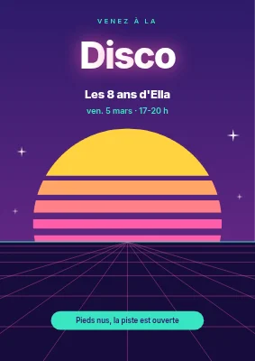 Disco enfants — panneau de bienvenue coucher de soleil néon
