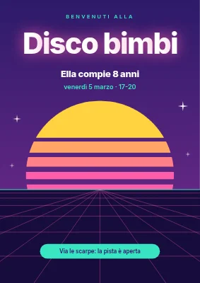 Disco per bambini — cartello di benvenuto con tramonto al neon
