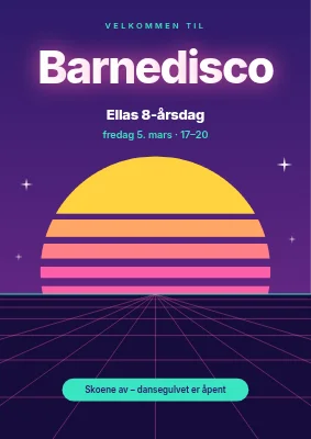 Barnedisko — velkomstskilt med neonsolnedgang