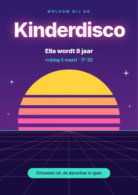 Kinderdisco — welkomstbord met neonzonsondergang