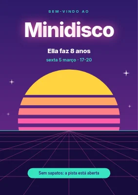 Disco infantil — letreiro de boas-vindas com pôr do sol néon