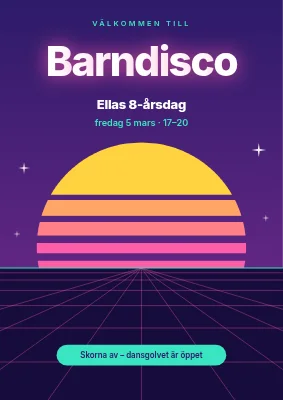 Barndisco — välkomstskylt med neonsolnedgång