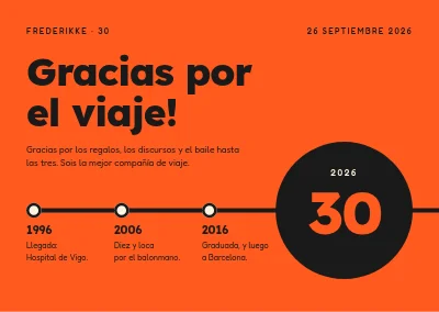 30.º cumpleaños — tarjeta de agradecimiento con línea de vida