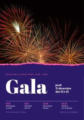 Gala du réveillon du Nouvel An — feux d'artifice et bord déchiré