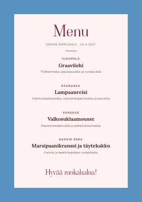 Sivu 2 – Rippijuhlan ruokalista — magnolia sinisellä taivaalla