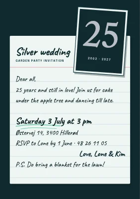 Silver wedding — garden party on an index card