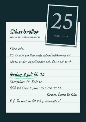 Silverbröllop — trädgårdsfest på ett registerkort