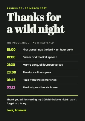 30th birthday — thank-you card with the night’s programme