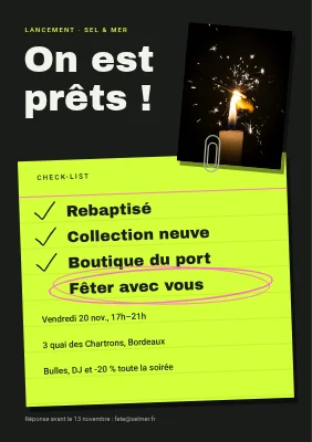 Soirée de lancement — checklist sur une fiche bristol