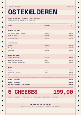 Cheese bar — cheese and wine list