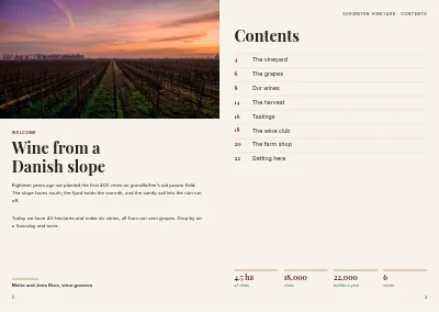 Pages 2–3 of Brochure for a Danish vineyard – 24 pages