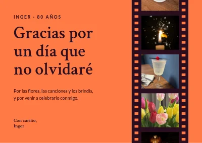 Cumpleaños 80 — tarjeta de agradecimiento con una tira de película