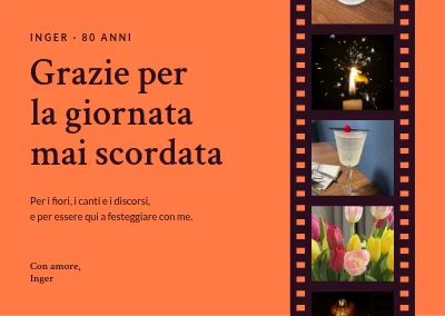 80° compleanno — biglietto di ringraziamento con pellicola cinematografica