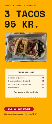 Roll-up til street food — tre tacos for 95 kr.