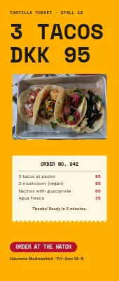 Street food roll-up — three tacos for DKK 95