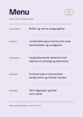 Side 2 af Vinterbryllup — menukort med rimfrost