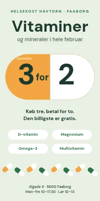 Dørplakat til helsekostbutik — vitaminer 3 for 2