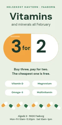 Door poster for a health food shop — vitamins 3 for 2