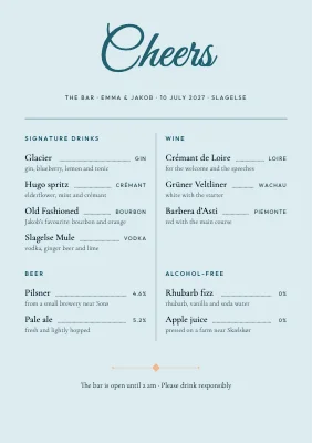 Wedding drinks menu — two columns