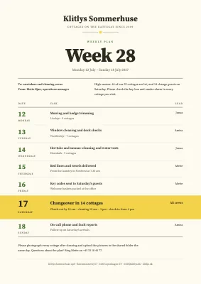 Weekly plan — holiday cottage rental