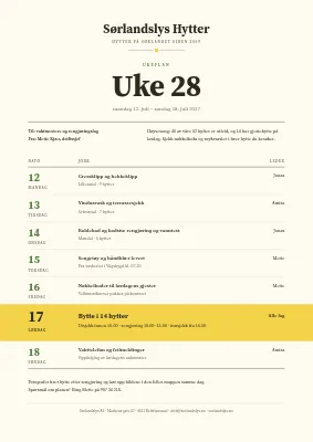 Ukeplan — utleie av feriehytte