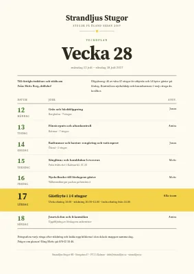 Veckoplan — uthyrning av fritidshus