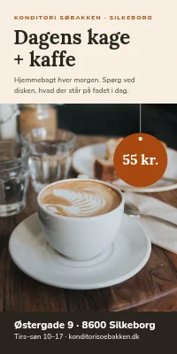 Dørplakat til café — dagens kage og kaffe 55 kr.