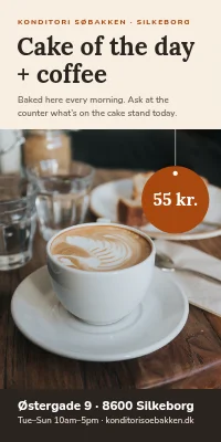 Door poster for a café — cake of the day and coffee 55 kr.