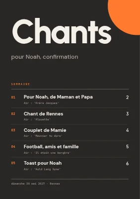 Livret de chants de confirmation — liste des chants façon menu