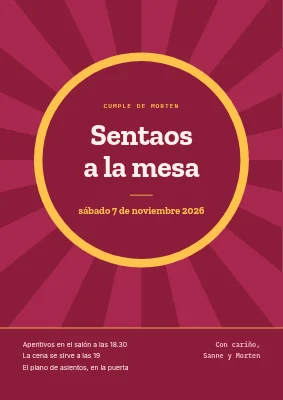 Cena de cumpleaños — cartel de bienvenida con rayos de sol