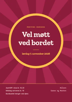 Bursdagsmiddag — velkomstskilt med solstråler
