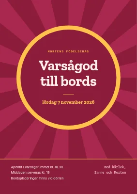 Födelsedagsmiddag — välkomstskylt med solstrålar