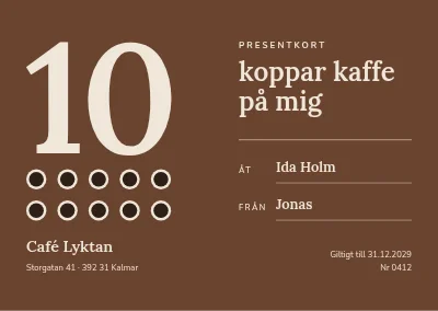 Presentkort på café — tio koppar kaffe