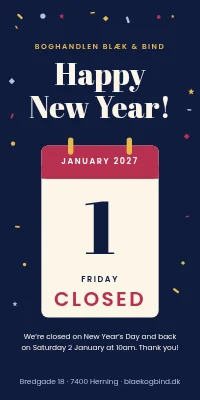 Door poster for a shop — happy New Year, closed on 1 January